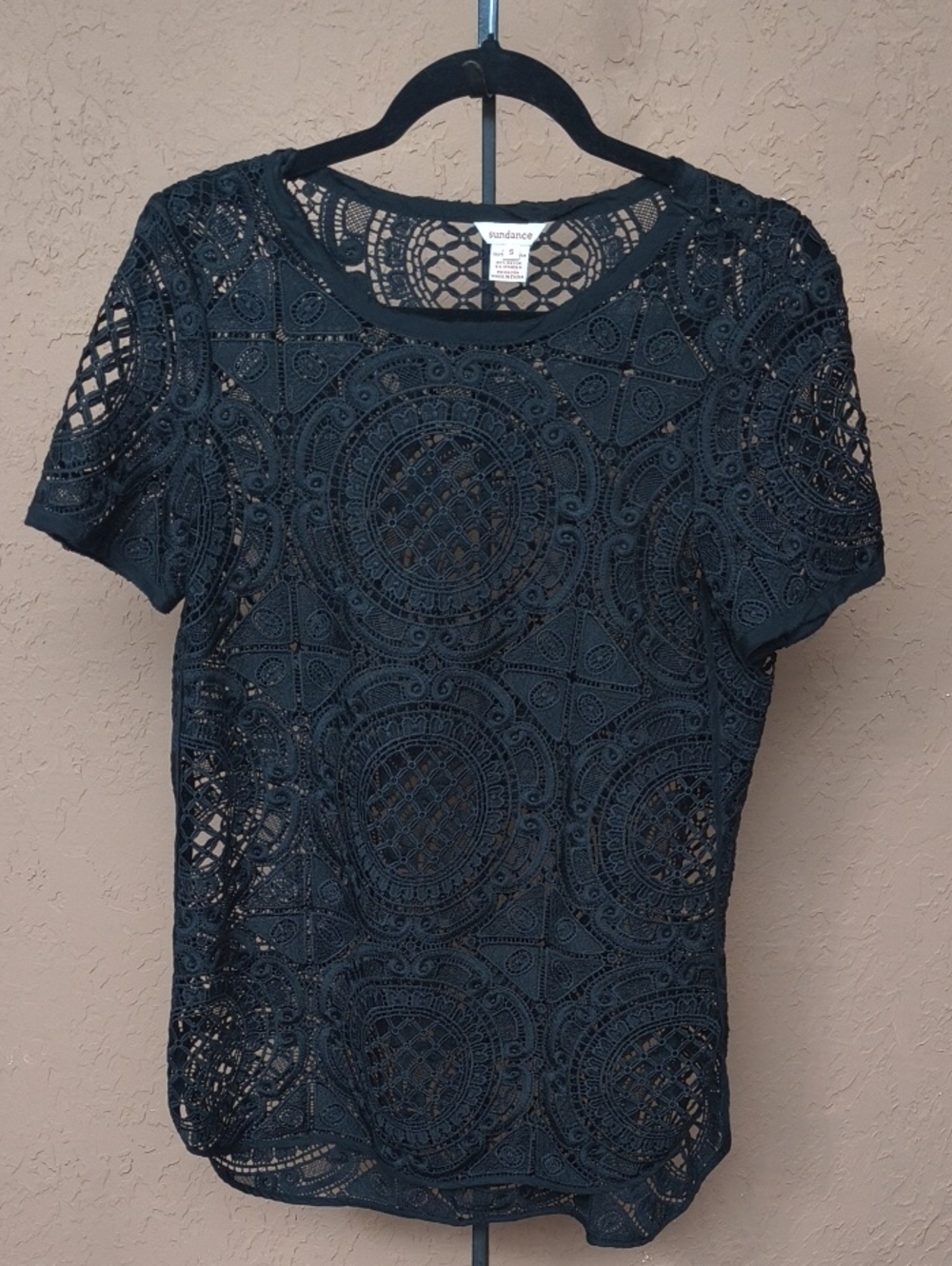 Sundance Women's Black Sheer Crochet Lace Short Sleeve Tunic Size Small